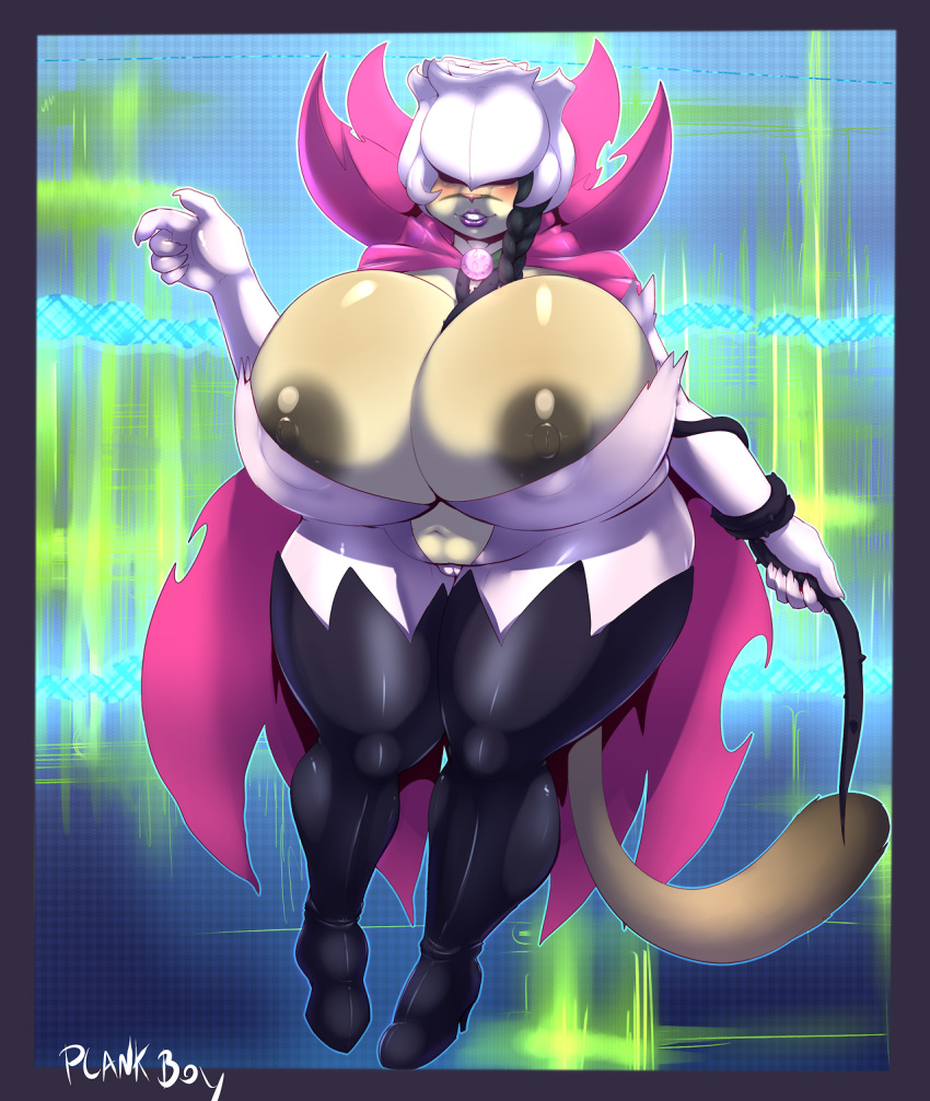 2014 abstract_background anthro big_breasts big_nipples black_hair black_nipples blush boots breasts cape cat chubby claws cosplay digimon elbow_gloves feline female fur furry gloves hair hat heels high_heels huge_breasts hyper hyper_breasts legwear lips long_hair mammal navel nipples pink_nose plankboy rosemon smile solo standing stockings thick_thighs thigh_high_boots white_fur