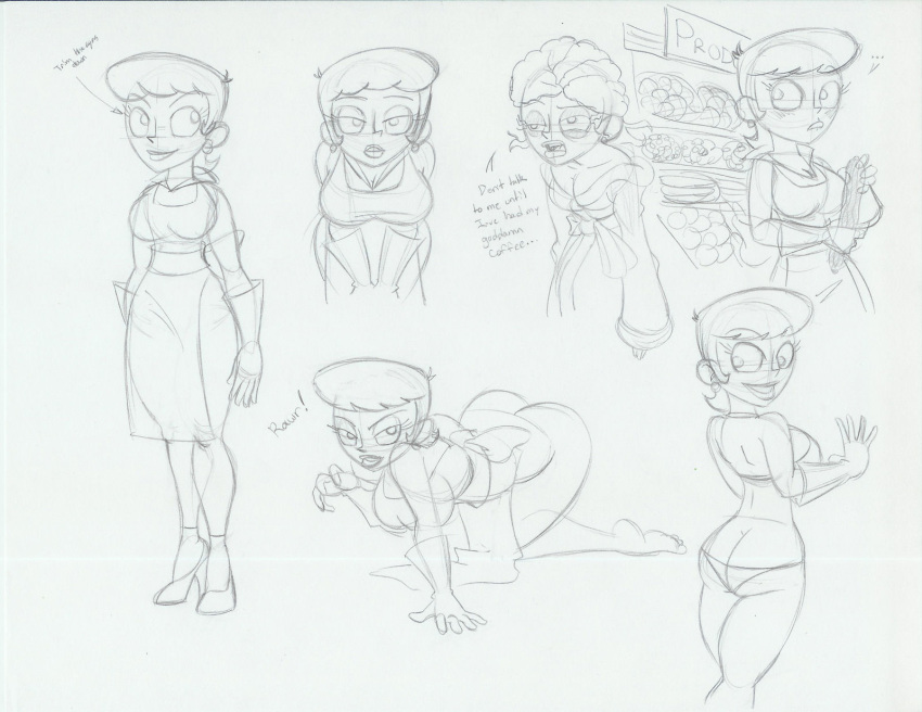 bent_over big_ass big_breasts bikini breasts cleavage cucumber dexter's_laboratory dexter's_mom gloves hair messy_hair roger_bacon sketch