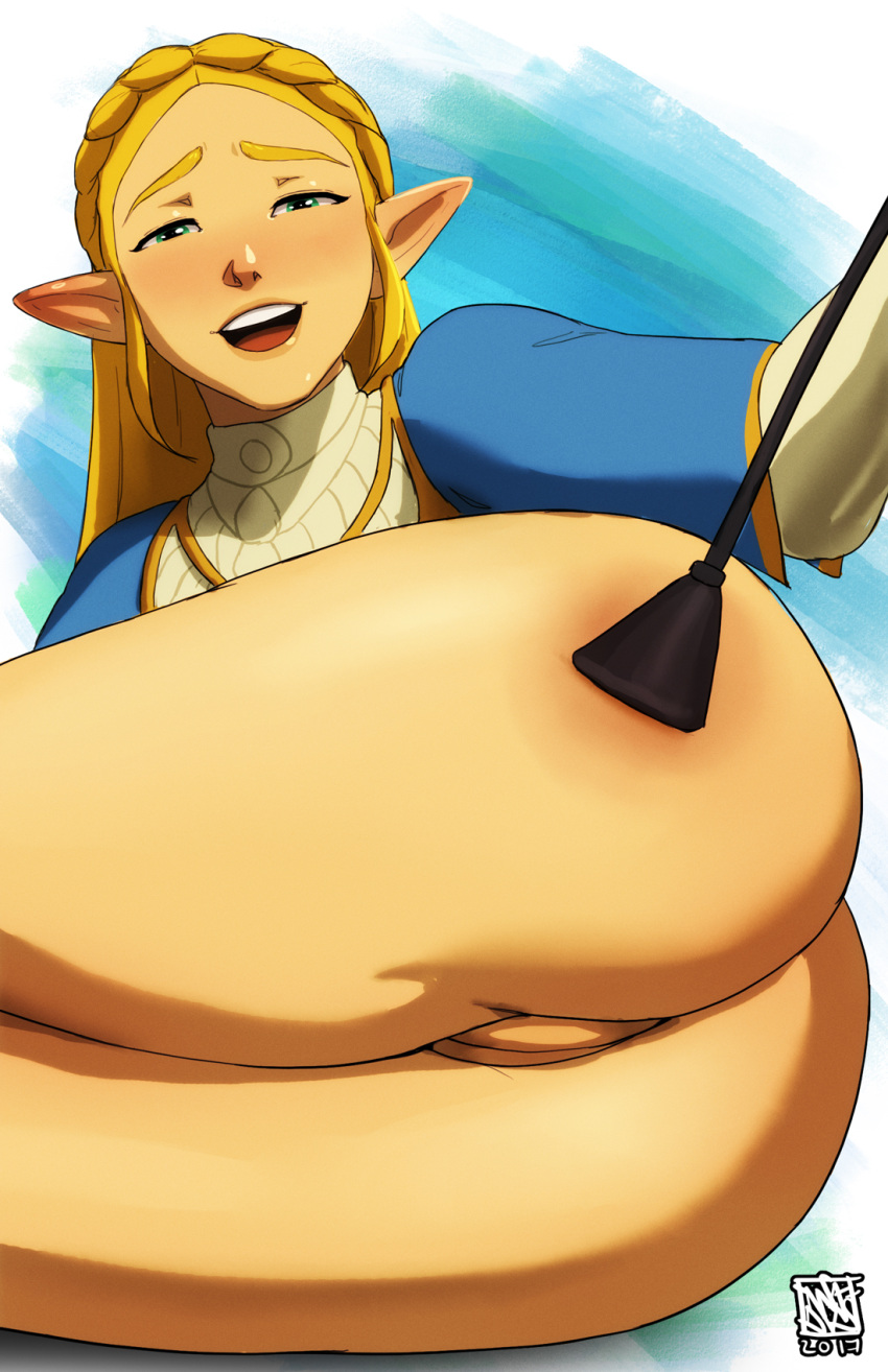 1girl 1girl ass big_ass blonde blonde_hair bottomless breath_of_the_wild clothed_female dat_ass female_focus female_only green_eyes high_resolution hips legs long_hair looking_at_viewer lying naavs naughty_face nintendo no_underwear on_side open_mouth pointy_ears princess_zelda pussy pussy riding_crop smile solo_female solo_focus spanking tagme teen the_legend_of_zelda thighs video_game_character video_game_franchise whip zelda_(breath_of_the_wild)
