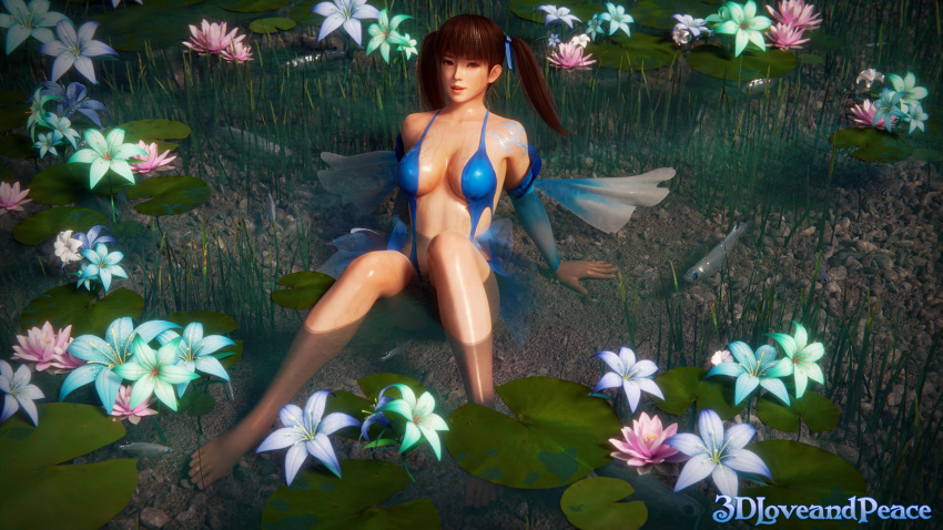 1girl 1girl 3d 3d_(artwork) 3dloveandpeace alluring big_breasts brown_eyes brown_hair dead_or_alive dead_or_alive_2 dead_or_alive_3 dead_or_alive_4 dead_or_alive_5 dead_or_alive_6 dead_or_alive_xtreme_beach_volleyball detached_sleeves female_only flower lei_fang lily_pad looking_at_viewer revealing_swimsuit sitting_in_water tecmo twin_tails wet
