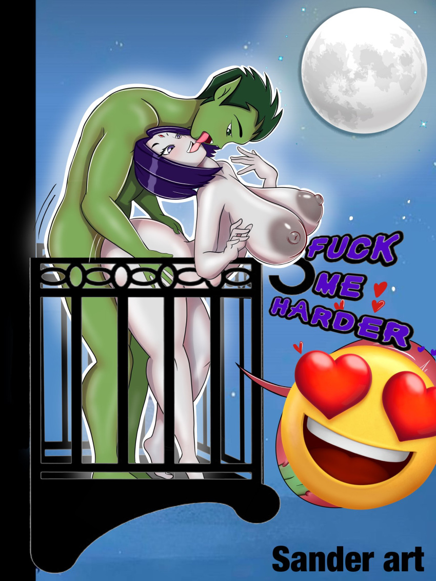 1boy 1girl ambiguous_penetration artist_name balcony beast_boy blush breasts canon_couple censored dc_comics dirty_talk emoji english_text french_kiss from_behind from_behind_position green_eyes green_hair green_skin grey_skin hearts huge_breasts kissing moon motion_lines night open_mouth outside penis purple_eyes purple_hair raven_(dc) romantic romantic_couple sander_(artist) sex short_hair standing standing_sex stars tagme teen_titans text tongue tongue_out x-ray