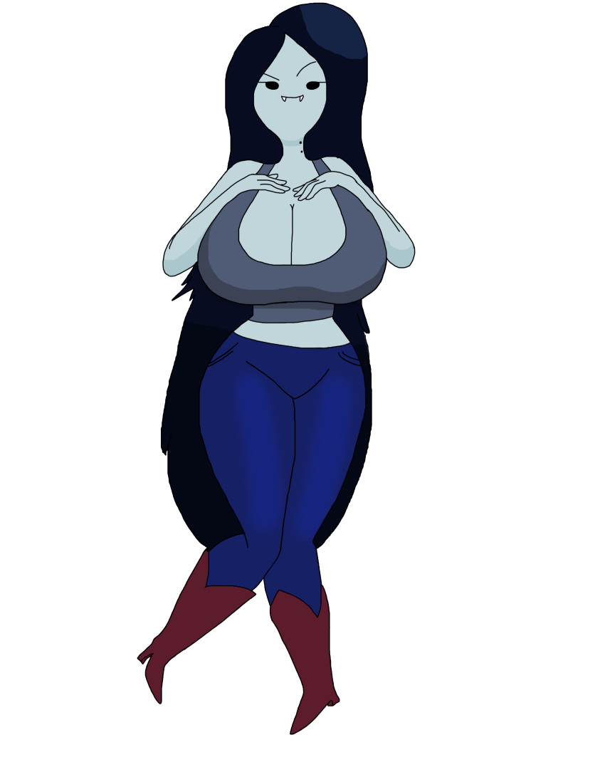 1girl adventure_time big_breasts black_hair boots breasts fangs full_body grey_skin hands_on_own_chest huge_breasts jeans large_breasts long_hair looking_at_viewer marceline midriff smilesaidboredgirl tank_top vampire vampire_bite_marks