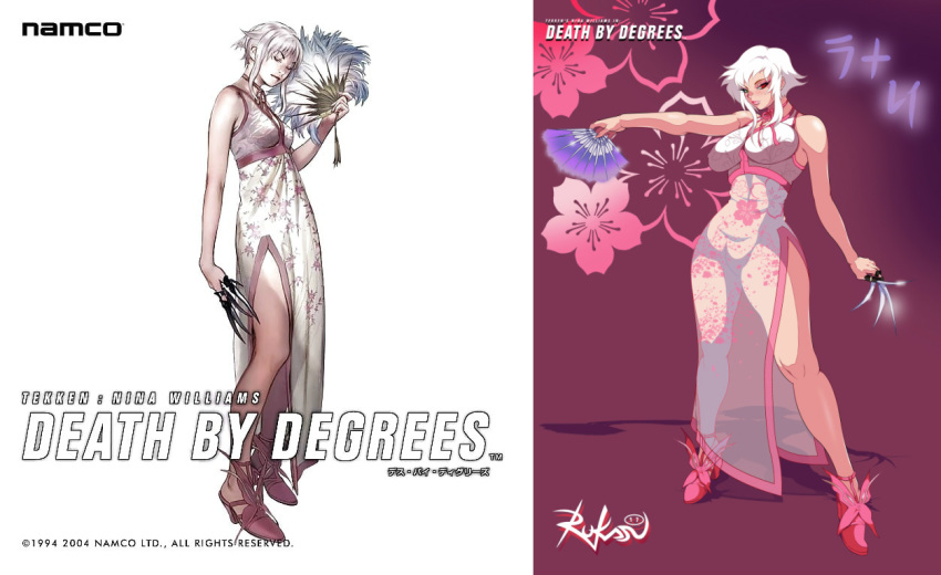 1girl bare_arms bladed_weapon breasts china_dress clothed clothed_female death_by_degrees dress fan female female_only flower_background flower_print green_eye grin hand_fan hentai-foundry heterochromia high_heels lana_lei large_breasts legs long_hair namco official_art pink_dress pose posing purple_background red_eye rukasu seductive seductive_smile see-through see-through_dress shadow shoes side_view silhouette sleeveless sleeveless_dress smile solo standing tekken watermark white_hair
