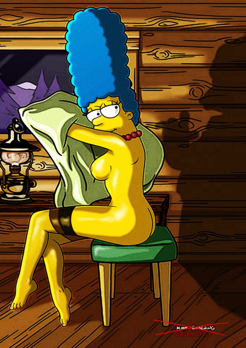 1girl ass breasts clothes color darkmatter female_only human indoors marge_simpson nude playboy side_view sitting the_simpsons