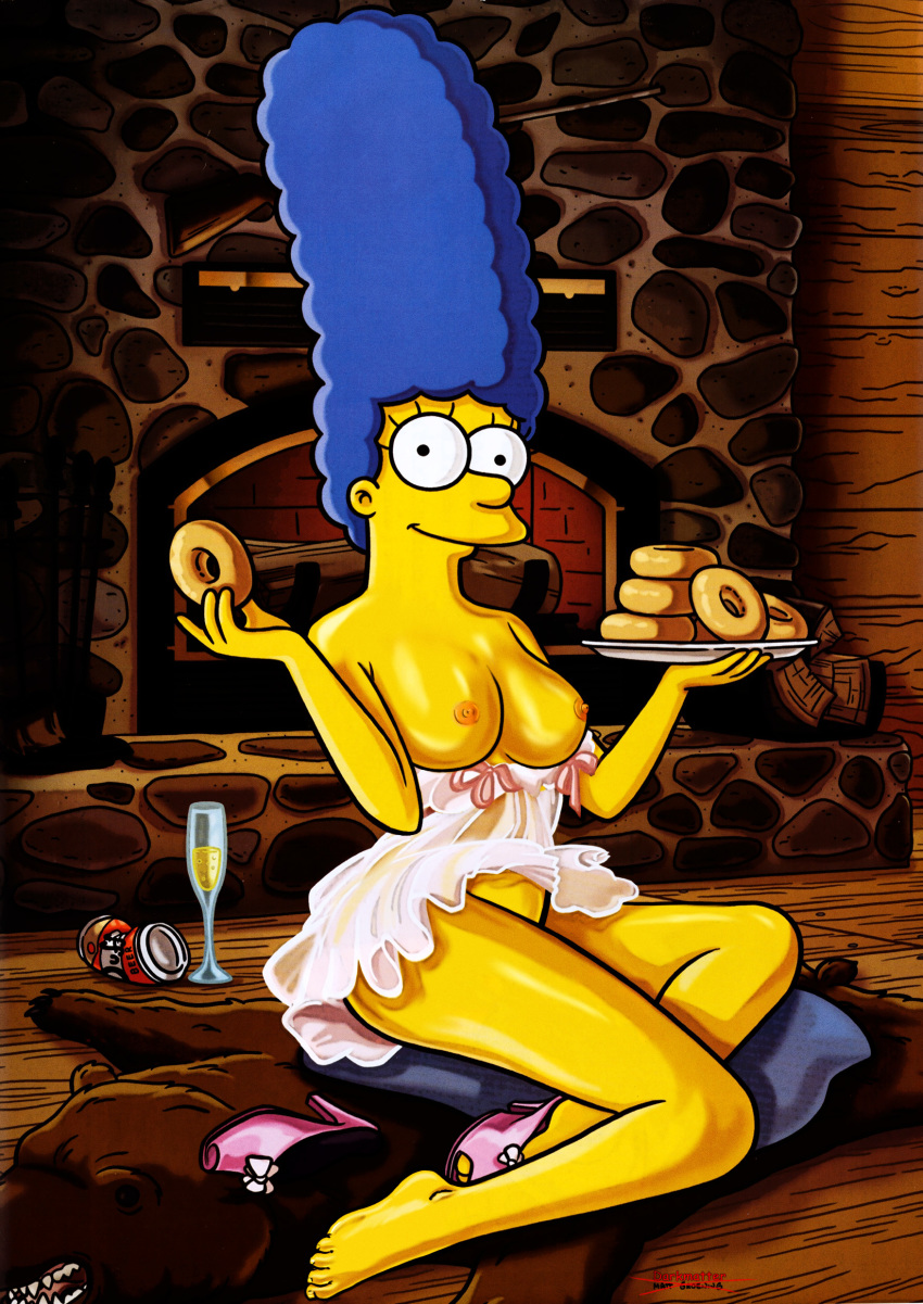 1girl breasts clothes color darkmatter female_only food human indoors marge_simpson nipples playboy sitting tagme the_simpsons
