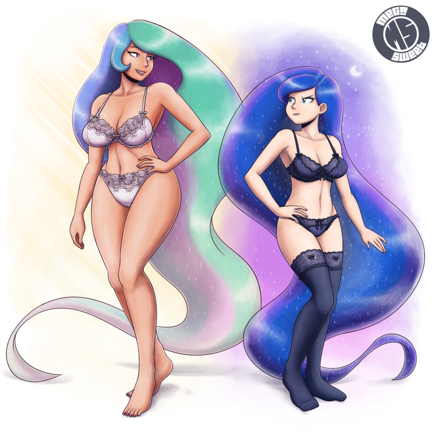 2018 2_girls 2girls barefoot bra breasts colored female female_only friendship_is_magic humanized king-kakapo lingerie long_hair looking_at_each_other megasweet mostly_nude my_little_pony panties princess_celestia princess_celestia_(mlp) princess_luna princess_luna_(mlp) sisters standing thighhighs underwear very_long_hair