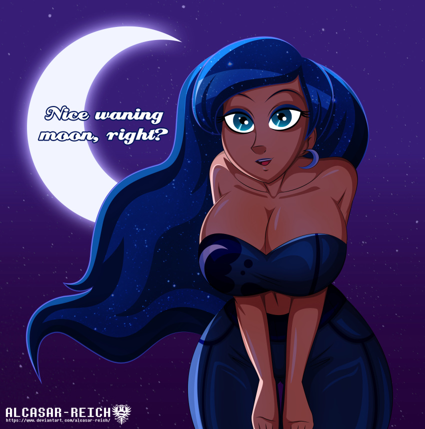 1girl alcasar-reich big_breasts blue_eyes blue_hair breasts cleavage dark-skinned_female dark_skin earrings eyeshadow female female_human female_only friendship_is_magic humanized leaning_forward long_hair looking_at_viewer mascara midriff my_little_pony night open_mouth pants princess_luna princess_luna_(mlp) shiny_clothes text