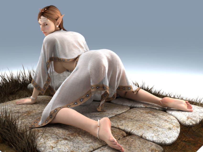 1female 1girl 3d arm_support ass ass_up barefoot breasts brown_hair doggy_position earrings elf elf_ears footwear fuckable grass hanging_breasts inviting jewelry jzcum kneel looking_at_viewer looking_back no_bra no_panties no_shoes sideboob stone transparent_clothing uncensored white_clothes