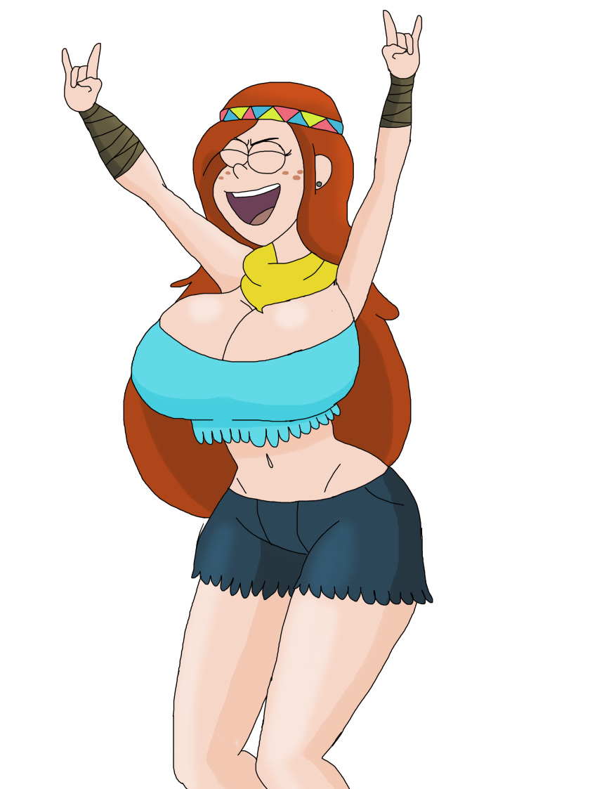 1girl aged_up arms_up big_breasts breasts cleavage closed_eyes cutoffs ear_piercing freckles gravity_falls headband large_breasts light-skinned_female light_skin long_hair midriff open_mouth red_hair scarf smilesaidboredgirl thighs tubetop wendy_corduroy wrist_wraps