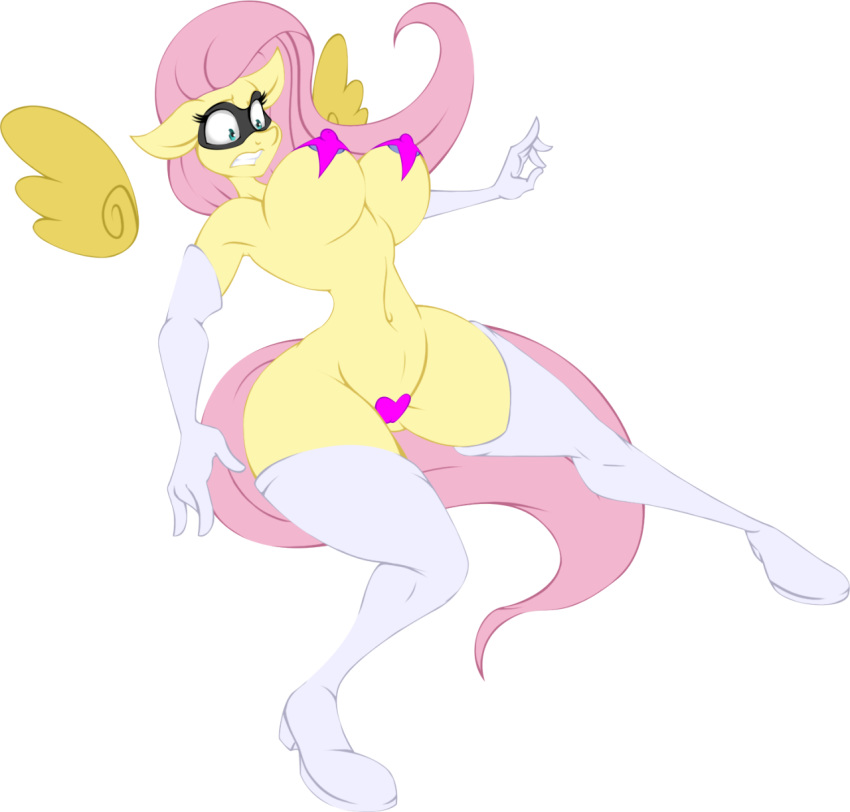 1girl animal_ears anthro areola big_breasts blue_eyes bouncing_breasts breasts elbow_gloves equine fluttershy fluttershy_(mlp) friendship_is_magic huge_breasts jrvanesbroek large_breasts mask my_little_pony pasties pink_hair tail teeth thigh_high_boots thighs titty_vixen_(character) wide_hips wings yellow_fur