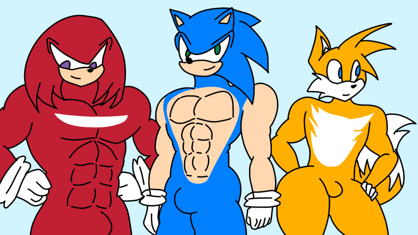 3boys abs bulge daitenga echidna fox hedgehog knuckles_the_echidna miles_"tails"_prower muscular_male nude sega sonic_the_hedgehog wide_hips