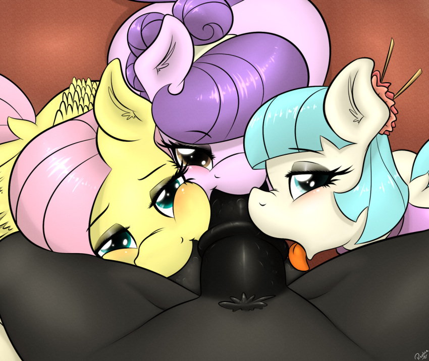 1boy 3girls aqua_eyes aqua_hair ass brown_eyes coco_pommel fellatio female first_person_view fluttershy foursome friendship_is_magic hair licking looking_at_viewer looking_up multiple_girls my_little_pony oral penis pov smile testicle_sucking