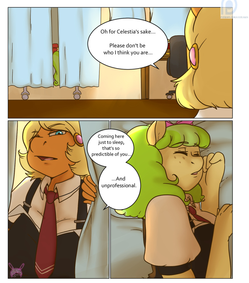 2014 anthro arnachy blonde_hair bow closed_eyes clothing comic dialog duo earth_pony english_text equine female freckles friendship_is_magic furry hair horse inside lying mammal miss_harshwhinny ms._peachbottom my_little_pony neck_tie pony sleeping text