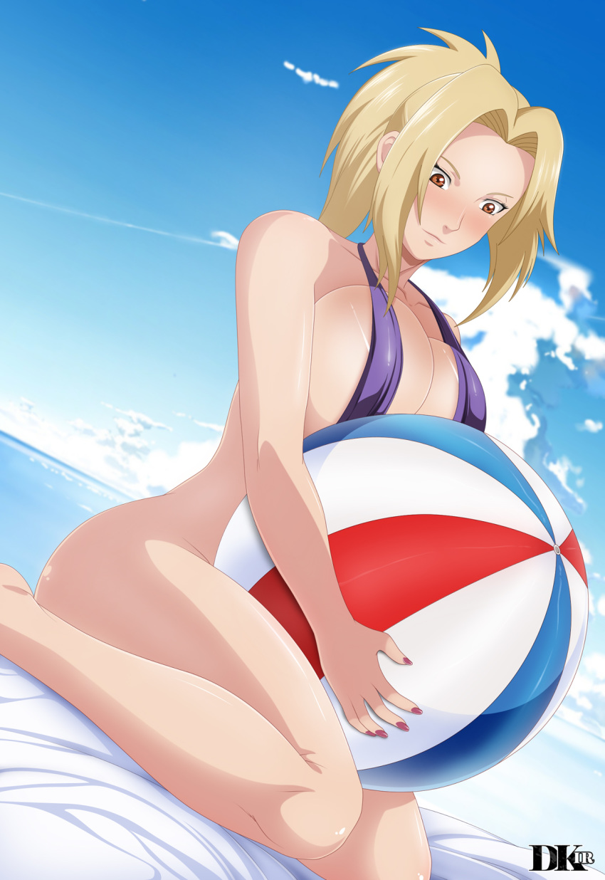 1girl ball beach beachball big_breasts blonde_hair breasts dkir large_breasts nail_polish naruto ocean sling_bikini swimsuit tsunade