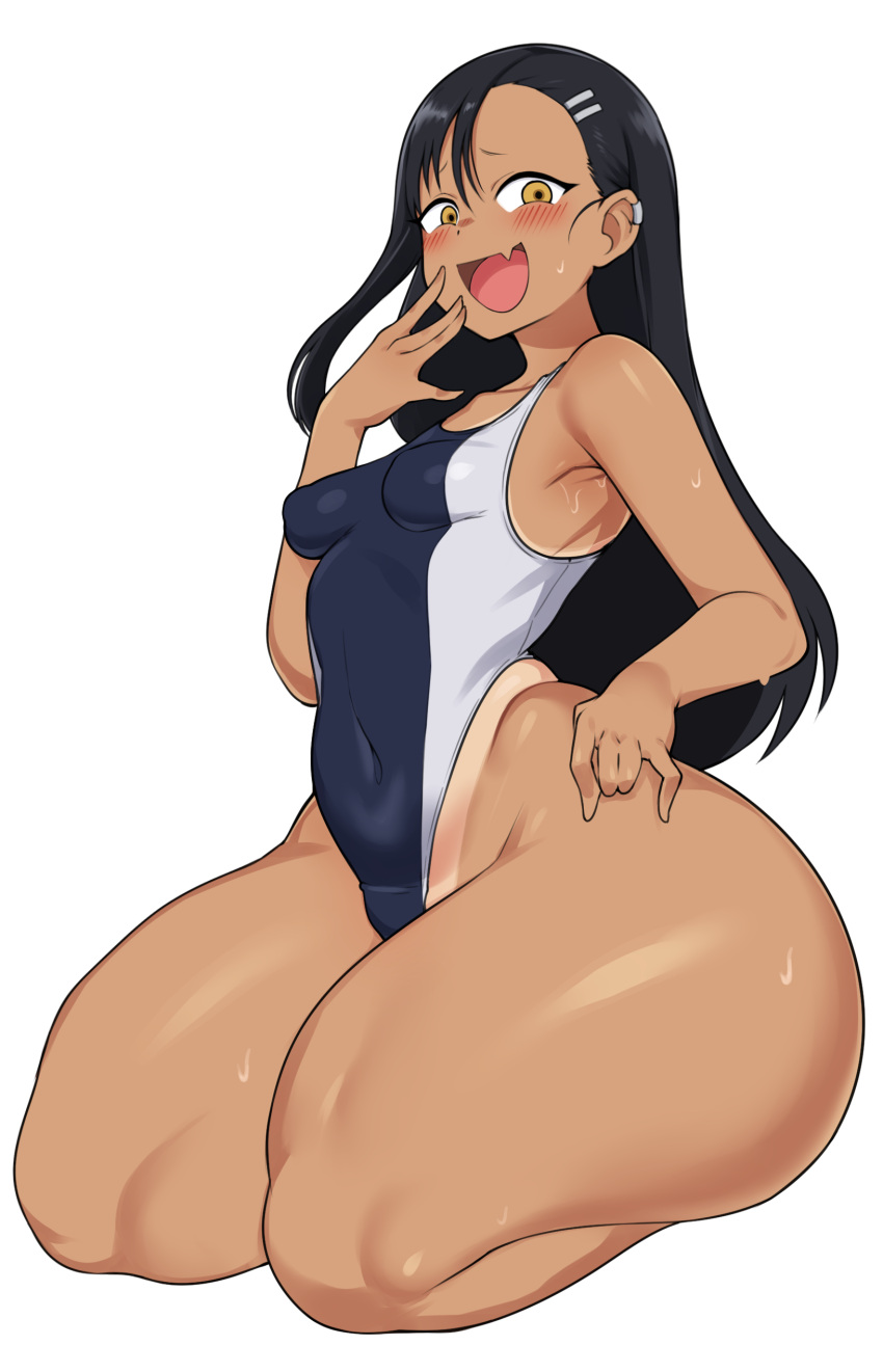 1girl amber_eyes big_ass big_thighs black_hair cham22 dark-skinned_female hayase_nagatoro ijiranaide_nagatoro-san long_hair nagatoro_hayase navel navel_visible_through_clothes one-piece_swimsuit please_don't_bully_me,_nagatoro small_breasts swimsuit tan_line thin_waist wide_hips