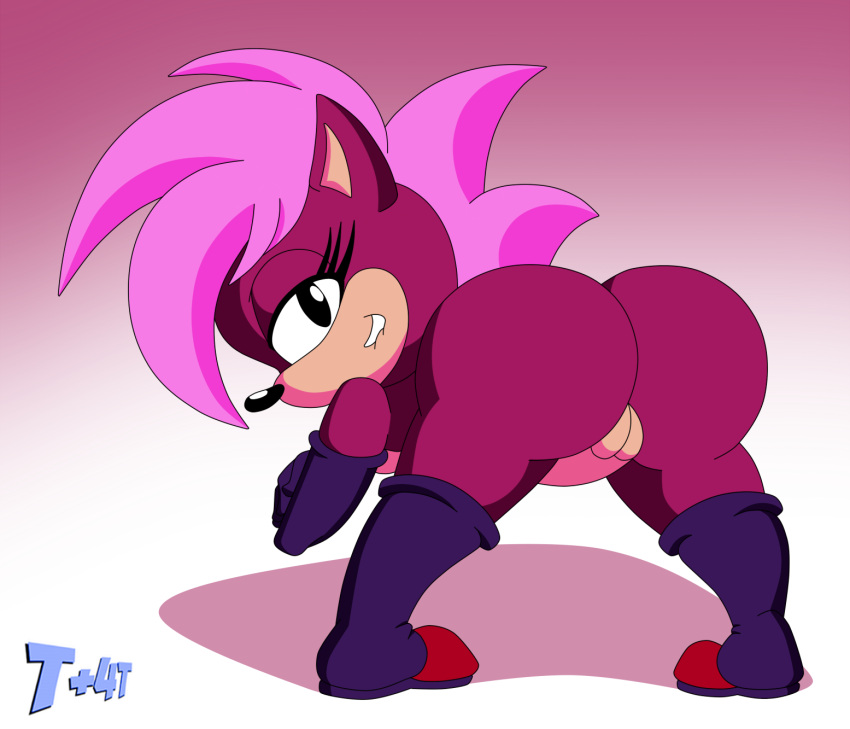 1girl anthro ass bent_over big_ass biting_lip boots breast dat_ass fur furry gloves half-closed_eye hedgehog looking_at_viewer looking_back naughty_face nude pink_fur pink_quills pussy quills sega shadow sonia_the_hedgehog sonic_the_hedgehog_(series) sonic_underground t+4t tagme under_boob