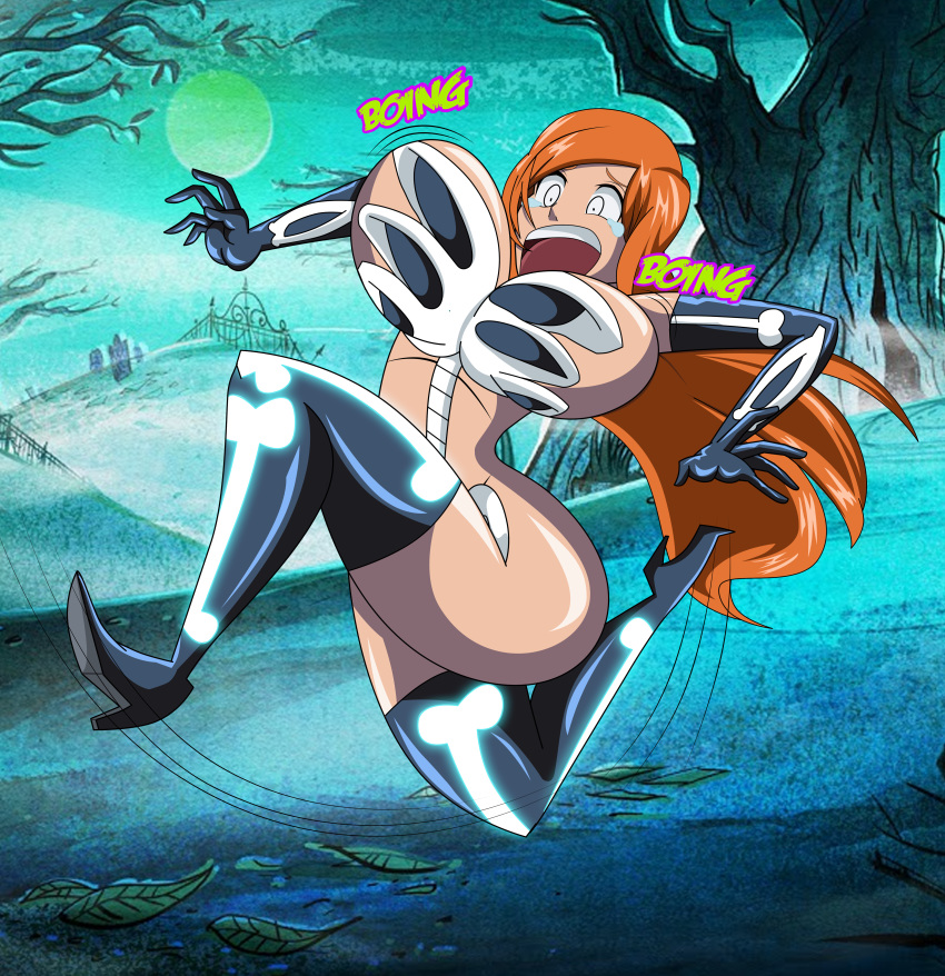 1girl ass big_breasts bleach bouncing_breasts breasts female_only full_body grimphantom hair halloween humor inoue_orihime motion_lines nipples orange_hair slipping solo_female