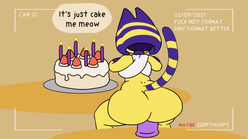 1girl 2021 animal_crossing ankha ankha_(animal_crossing) anthro ass big_ass blue_hair bottomless bouncing_ass cake camera_view candles derpyharpy dildo dildo_sitting feline female_focus gif loop masturbation meme nintendo riding riding_dildo tail text thick_thighs viewed_from_behind yellow_fur