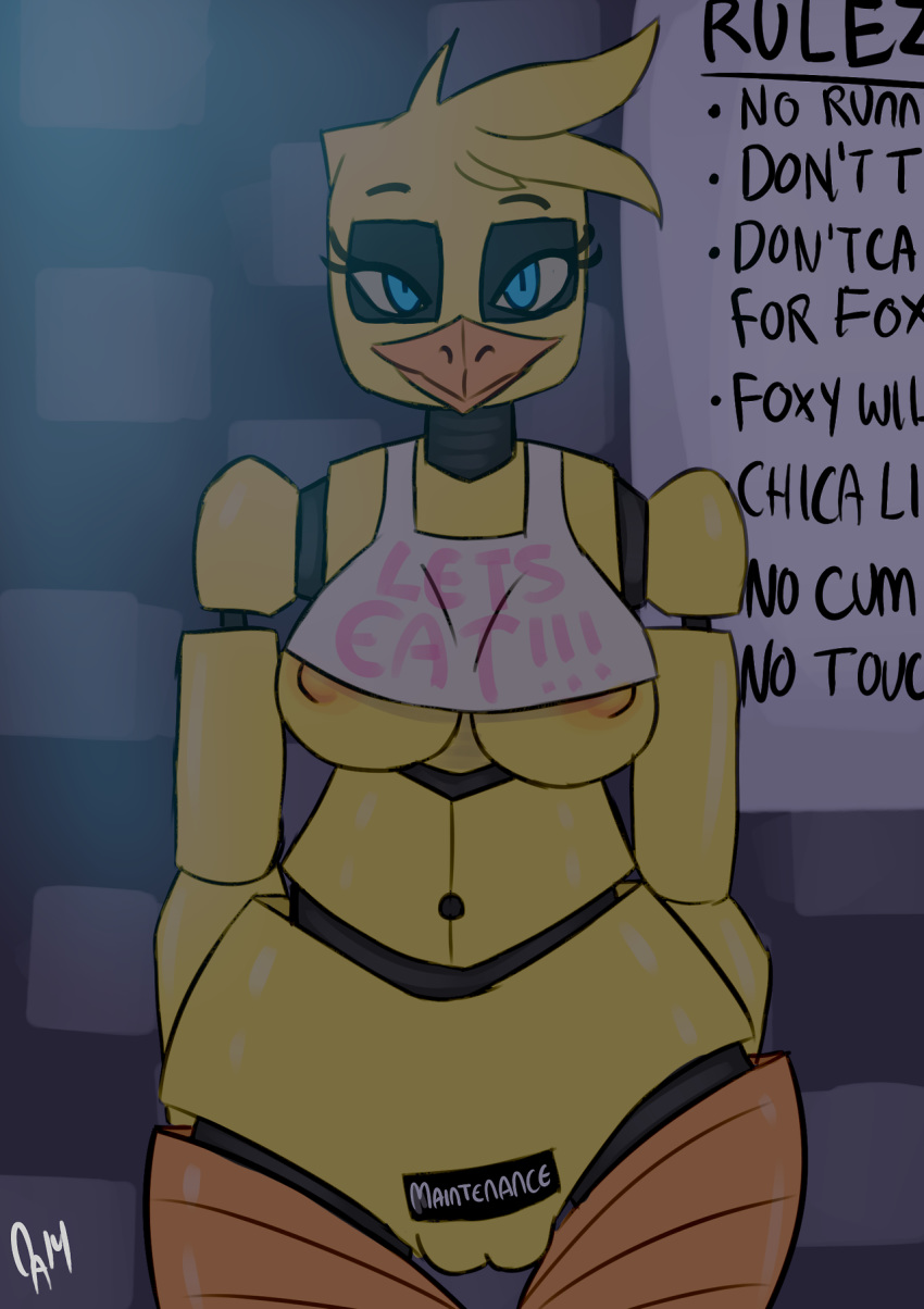 animatronic bib blue_eyes chica_(fnaf) chicken five_nights_at_freddy's mechanophilia pussy robot underboob yellow_fur