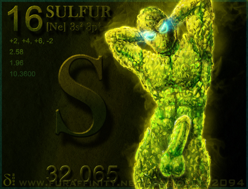 1boy 2012 bara chemical_element chemistry delta2094 humanoid male male_only muscle penis periodic_table personification science solo_focus sulfur_(element)