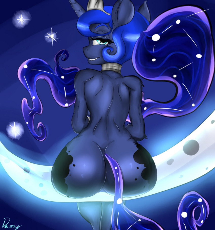 anthro bedroom_eyes blue_fur blue_hair cutie_mark dawntrotter equine female friendship_is_magic fur furry hair hooves horn long_hair looking_at_viewer looking_back mammal moon my_little_pony outside presenting princess_luna rear_view sitting smile solo stars teal_eyes unicorn