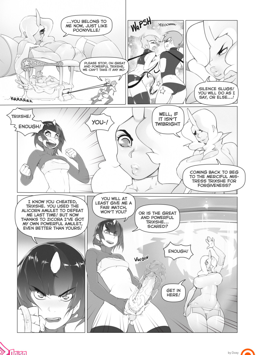 2boys 2girls bondage bra breasts cock_ring comic doxy friendship_is_magic futanari humanized intersex large_breasts magic monochrome multiple_boys multiple_girls my_little_pony open_mouth penis poni_parade short_shorts snails snips thigh_highs thong trixie twilight_sparkle_(mlp) whip