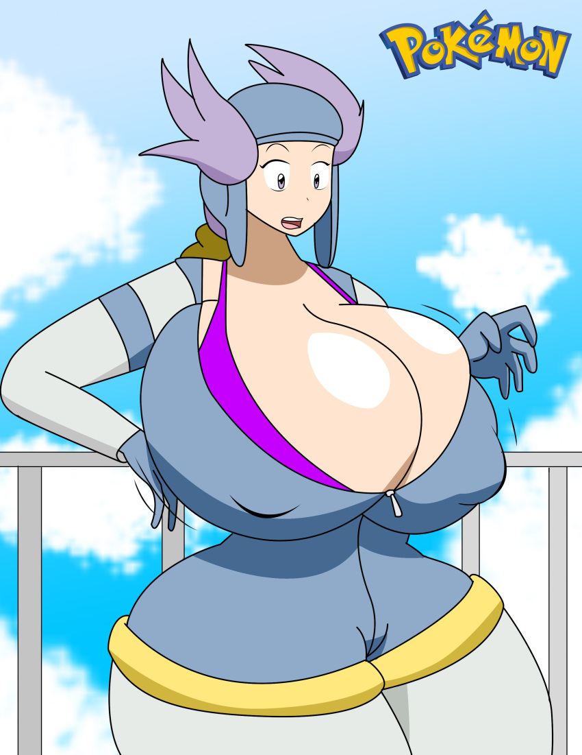 big_breasts breast_expansion breasts huge_breasts igphhangout nagi_(pokemon) pokemon purple_eyes purple_hair solo winona winona_(pokemon)