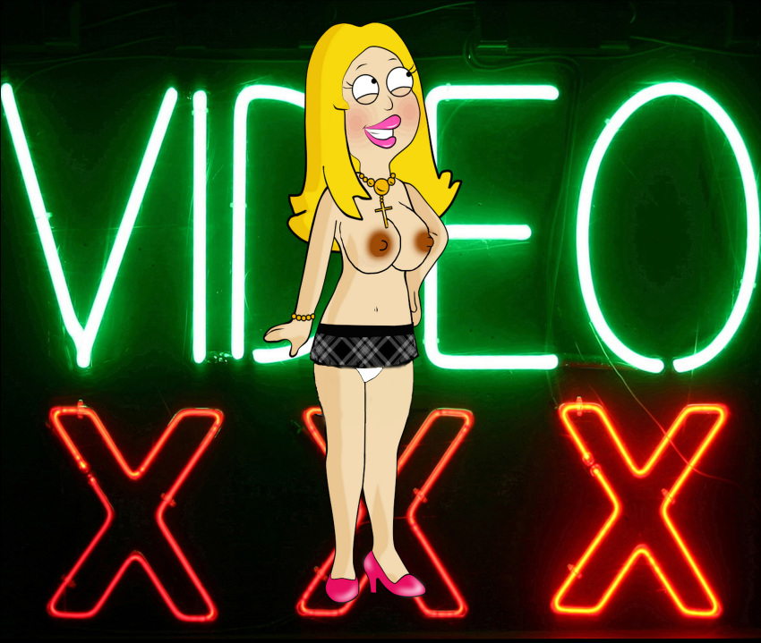 absurd_res american_dad bright_lights crucifix francine_smith microskirt necklace neon_backround nipples panties pink_shoes topless