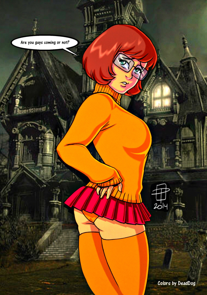 ass brown_hair brunette clothed glasses hair looking_at_viewer panties scooby-doo skirt sweater thigh_highs velma_dinkley