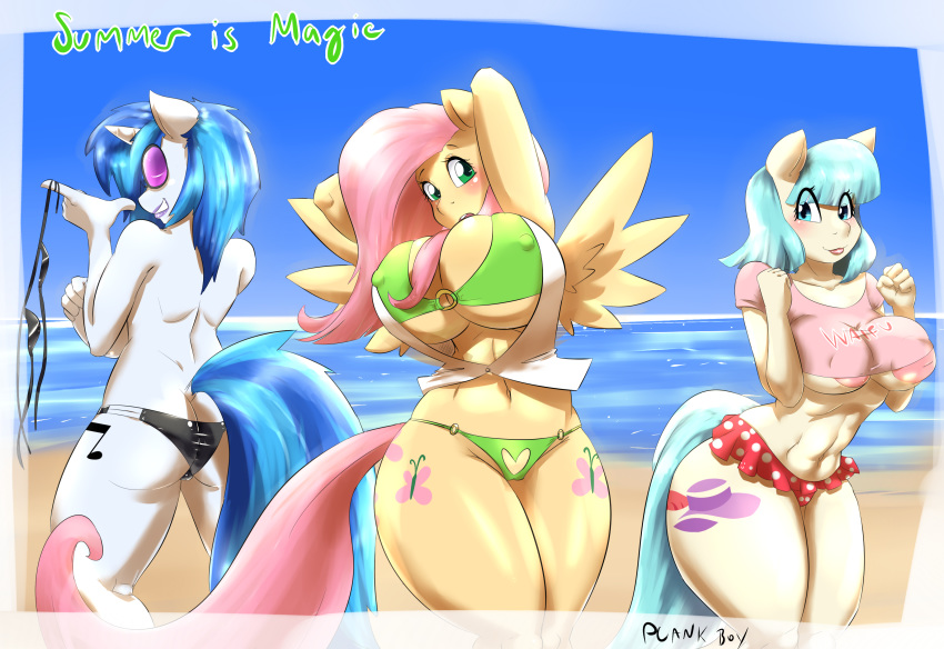 2014 absurd_res anthro arms_behind_head ass beach bikini blue_hair blush cleavage clothed clothing coco_pommel cutie_mark earth_pony english_text equine eyewear female fluttershy friendship_is_magic furry glasses group hair happy hi_res horn horse long_hair mammal my_little_pony navel nipples outside pegasus plankboy pony sand sea seaside smile standing swimsuit teeth text thick_thighs topless unicorn vinyl_scratch water wings
