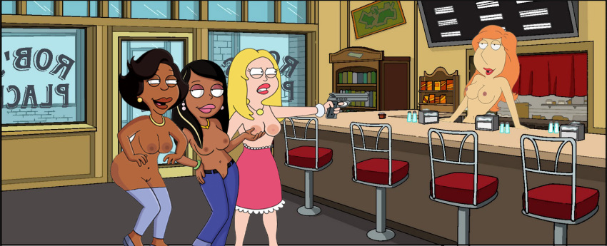 4girls american_dad crossover dark-skinned_female donna_tubbs family_guy francine_smith gun light-skinned_female lois_griffin open_fly pointing_gun roberta_tubbs stockings the_cleveland_show topless_(female)