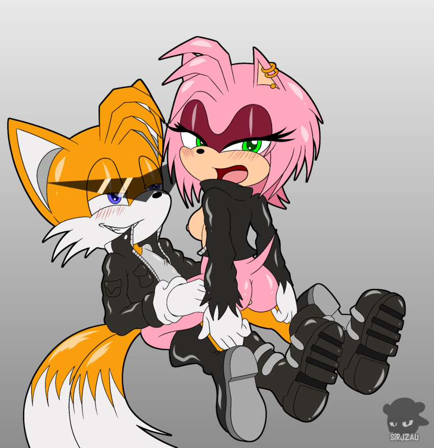 1girl amy_rose anthro anus ass boots breasts canid canine clothing duo emo_amy_rose eulipotyphlan eyeshadow footwear fox fur gloves half-closed_eyes handwear hedgehog high_res humanoid jacket makeup male mammal miles_"tails"_prower narrowed_eyes nipples open_mouth penetration pink_body pink_fur punk riding sega shoes sirjzau sitting sonic_the_hedgehog_(series) topwear vaginal_penetration yellow_body