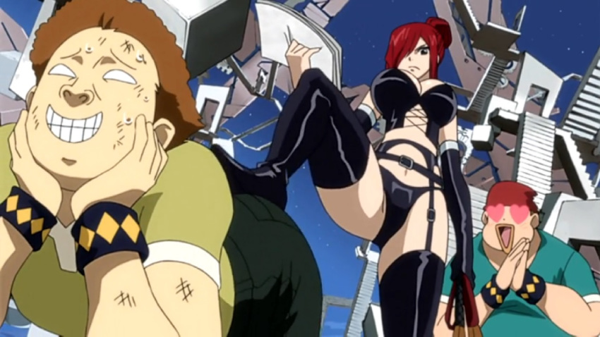 1girl 2boys bdsm big_breasts black_panties bondage boots breasts corset covered_breasts dominatrix erza_scarlet fairy_tail female garter_belt gloves hair huge_breasts long_gloves multiple_boys panties red_hair screencap thigh_high_boots whip