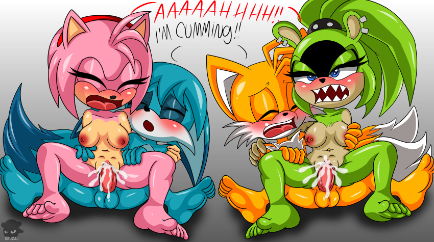1girl absurd_res afrosoricid ahe_gao ambiguous_fluids amy_rose anthro balls blue_body blue_eyes blue_fur bodily_fluids breasts canid canine closed_eyes cum cum_in_pussy cum_inside ear_piercing ejaculation eulipotyphlan fennec fox fur genital_fluids genitals green_body green_eyes green_fur group group_sex hair half-closed_eyes hand_on_breast hedgehog high_res humanoid idw_publishing kitsunami_the_fennec looking_pleasured male male/female mammal miles_"tails"_prower narrowed_eyes nipple_piercing nipples nude open_mouth orgasm orgasm_face orgy penetration penis piercing pink_body pink_fur pink_hair pinup pose purple_eyes pussy sega sex sharp_teeth sirjzau sitting_on sonic_the_hedgehog_(comics) sonic_the_hedgehog_(idw) sonic_the_hedgehog_(series) spread_legs spreading surge_the_tenrec teeth tenrec text tongue tongue_out vaginal_penetration video_games yellow_body yellow_fur