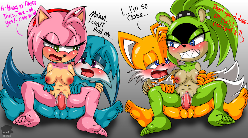 1girl absurd_res afrosoricid ambiguous_fluids amy_rose anthro balls blue_body blue_eyes blue_fur breasts canid canine ear_piercing eulipotyphlan fennec fox fur genitals green_body green_eyes green_fur group group_sex hair half-closed_eyes hand_on_breast hedgehog high_res humanoid idw_publishing kitsunami_the_fennec male male/female mammal miles_"tails"_prower narrowed_eyes nipple_piercing nipples nude open_mouth orgasm_face orgy penetration penis piercing pink_body pink_fur pink_hair pinup pose purple_eyes pussy sega sex sharp_teeth sirjzau sitting_on sonic_the_hedgehog_(comics) sonic_the_hedgehog_(idw) sonic_the_hedgehog_(series) spread_legs spreading surge_the_tenrec teeth tenrec text tongue tongue_out vaginal_penetration video_games yellow_body yellow_fur