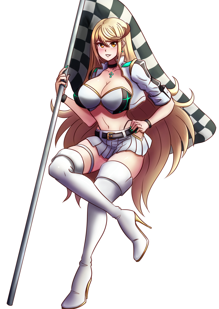 1girl absurd_res alluring bangs big_breasts blonde_hair boots breasts checkered_flag chest_jewel cleavage flag high_res long_hair mythra mythra_(xenoblade) nintendo race_queen simple_background stockings swept_bangs thigh_high_boots very_long_hair white_background will_(willanator93) xenoblade_(series) xenoblade_chronicles_2 yellow_eyes