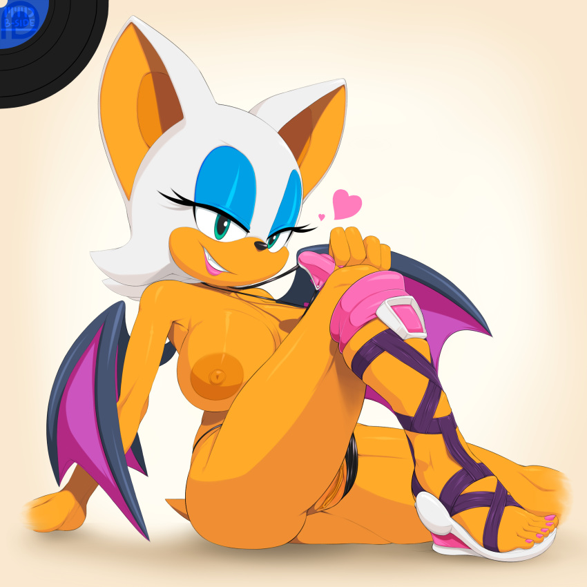 2014 absurd_res anthro areola bat big_breasts breasts clothing erect_nipples eyeshadow female furry green_eyes heart highres huge_breasts humanoid_feet lingerie looking_at_viewer makeup mammal marthedog nipples pussy rouge_the_bat sega sitting smile smirk solo sonic_(series) toes wings