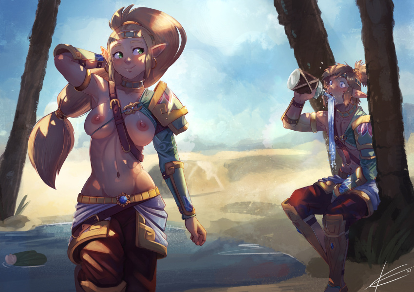 1boy 1girl 1girl 2021 abs alternative_costume armor armpits belt blue_eyes blue_sky blush bottle bracelet breasts breath_of_the_wild brown_belt clothing day drinking earrings eltonel gerudo gerudo_link gerudo_set_(zelda) grass green_eyes hair_ornament headband headwear high_ponytail high_resolution hylian jewelry knight link link_(breath_of_the_wild) long_hair long_sleeves looking_at_another looking_back male medium_breasts medium_hair muscle navel nintendo nipples no_bra nude nude_female one_arm_up outdoor_nudity outside paid_reward pants pointed_ears ponytail pose princess princess_zelda red_pants royal sand shocked_face short_ponytail shoulder_armor signature sitting sky smile standing sweatdrop teeth the_legend_of_zelda the_legend_of_zelda:_breath_of_the_wild the_legend_of_zelda:_breath_of_the_wild_2 tied_hair upper_teeth very_high_resolution wardrobe_malfunction water water_bottle zelda_(breath_of_the_wild)