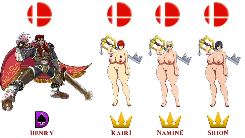 ale-mangekyo ale-mangekyo_(artist) areolae ass big_ass big_breasts breasts commission dat_ass empty_eyes female ganondorf henry_d._damien kairi keyblade kingdom_hearts male mind_control namine nintendo nipples nude original original_character pussy smile super_smash_bros. sword the_legend_of_zelda weapon xion