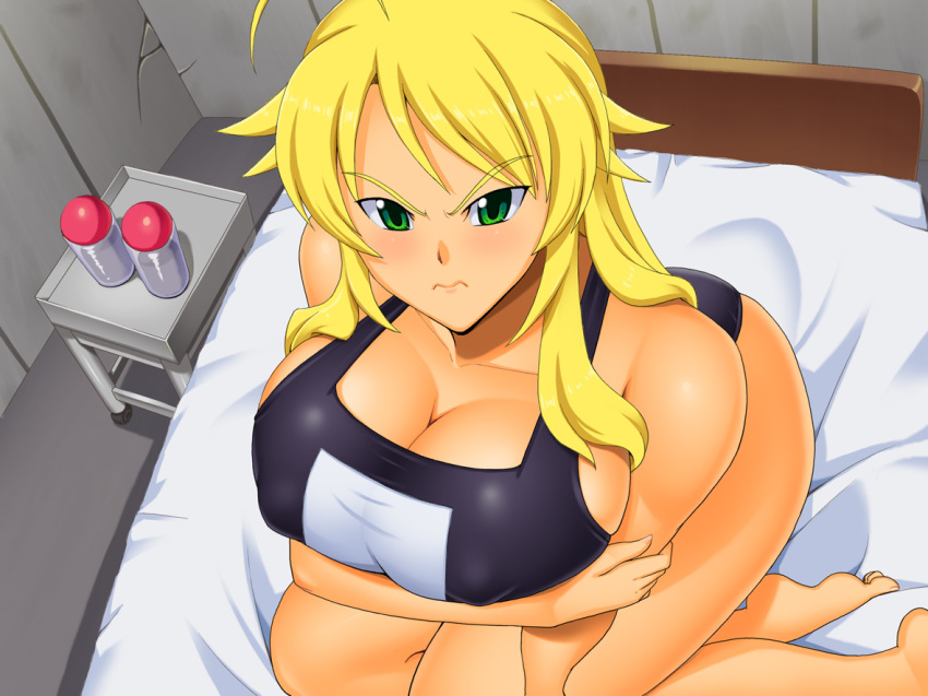 1girl 4:3_aspect_ratio angry bed blonde_hair breast_hold breasts clothing erect_nipples female green_eyes hoshii_miki huge_breasts idolmaster kawanuma_uotsuri light-skinned nipples one-piece_swimsuit sitting solo swimsuit viewed_from_above
