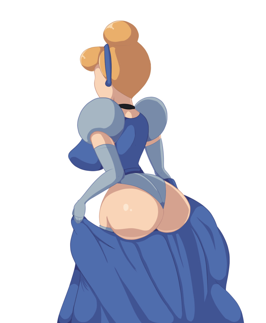 1_girl 1girl ass big_ass blonde blonde_hair blue_dress choker cinderella disney dress earrings female female_human female_only gloves long_gloves panties partially_clothed princess_cinderella removing_clothes solo standing stockings undressing white_background