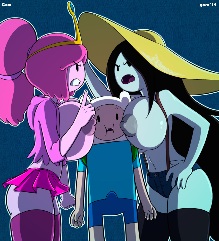 2014 adventure_time angry between_breasts big_breasts black_hair blue_skin breasts clenched_teeth erection fangs finn_the_human garabatoz hat huge_breasts jacket long_hair marceline nipples no_bra open_clothes open_mouth pink_hair pink_skin ponytail princess_bubblegum short_shorts shorts simple_background skirt stockings suspenders tiara vampire very_long_hair