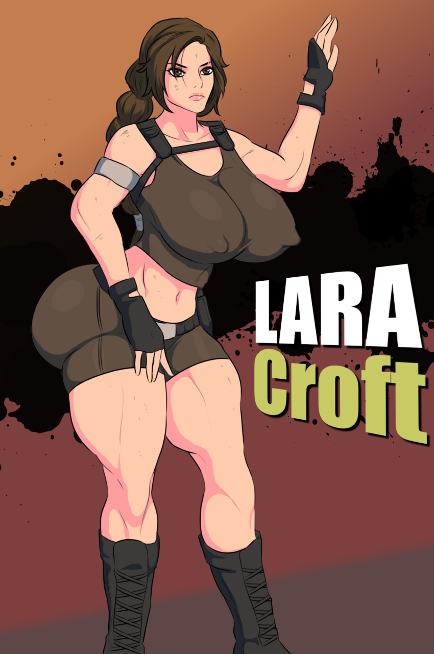 ass belly big_ass big_breasts breasts clothes female hips jay-marvel lara_croft lips midriff navel nipples pants solo text tomb_raider wide_hips