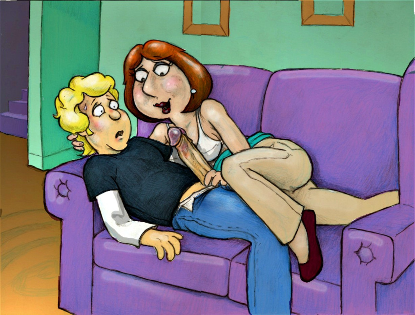 anthony_(family_guy) blush bobby_luv bra cheating_wife couch family_guy lois_griffin nervous penis seducing