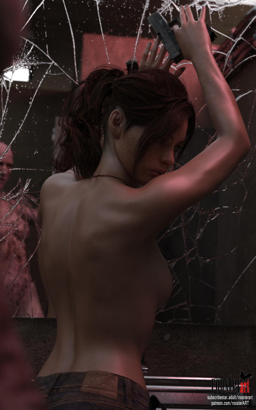 10:16 1girl 3d 3d_(artwork) back bare_shoulders bathroom breasts brunette claire_redfield claire_redfield_(jordan_mcewen) closed_mouth elbows handgun indoors jeans medium_breasts mirror mirror_reflection necklace open_eyes patreon patreon_username ponytail resident_evil resident_evil_2 roosterart shoulders standing subscribestar subscribestar_username topless topless_female video_game video_game_character video_game_franchise zombie