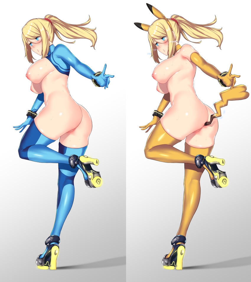 1girl 1girl 1girl anal anal_insertion anal_object_insertion animal_ears ass aster_crowley big_breasts blonde blue_bodysuit blue_eyes bodysuit boots breasts butt_plug butt_plug_tail elbow_gloves embarrassed eyebrows_visible_through_hair fake_animal_ears full_body gloves hair_tie high_heel_boots high_heels high_ponytail high_resolution impossible_bodysuit impossible_clothes insertion looking_away metroid mole mole_under_mouth nintendo nipples pikachu_(cosplay) pikachu_ears pokemon_species ponytail posterior_cleavage pussy samus_aran sex sex_toy shoes shrug_(clothing) sidelocks simple_background skin_tight stockings tail tied_hair uncensored very_high_resolution white_background zero_suit