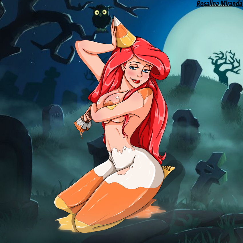 1girl barefoot bedroom_eyes blue_eyes bodypaint candy_corn cemetery covered_nipples disney disney_princess female_focus female_only halloween halloween_costume insanely_hot kneel lips lipstick long_red_hair looking_at_viewer moon mshowllet night on_knees owl paintbrush princess_ariel sexy_pose sideways_glance soles solo_female stars the_little_mermaid thighs toes tombstone tree