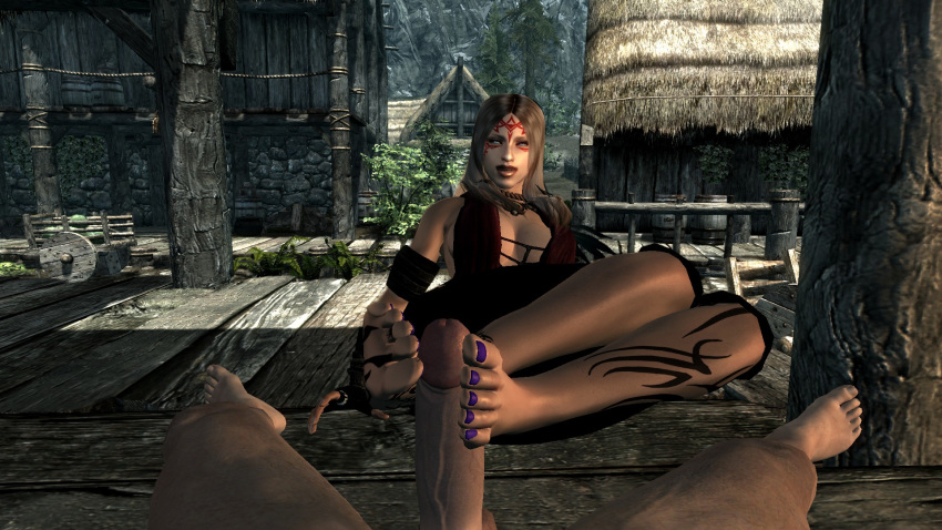 1_female 1_male 1boy 1girl blonde blonde_hair breasts clothed duo erection feet female first_person_view footjob hair human long_hair male male/female nude outdoors penis sitting skyrim spread_legs testicles