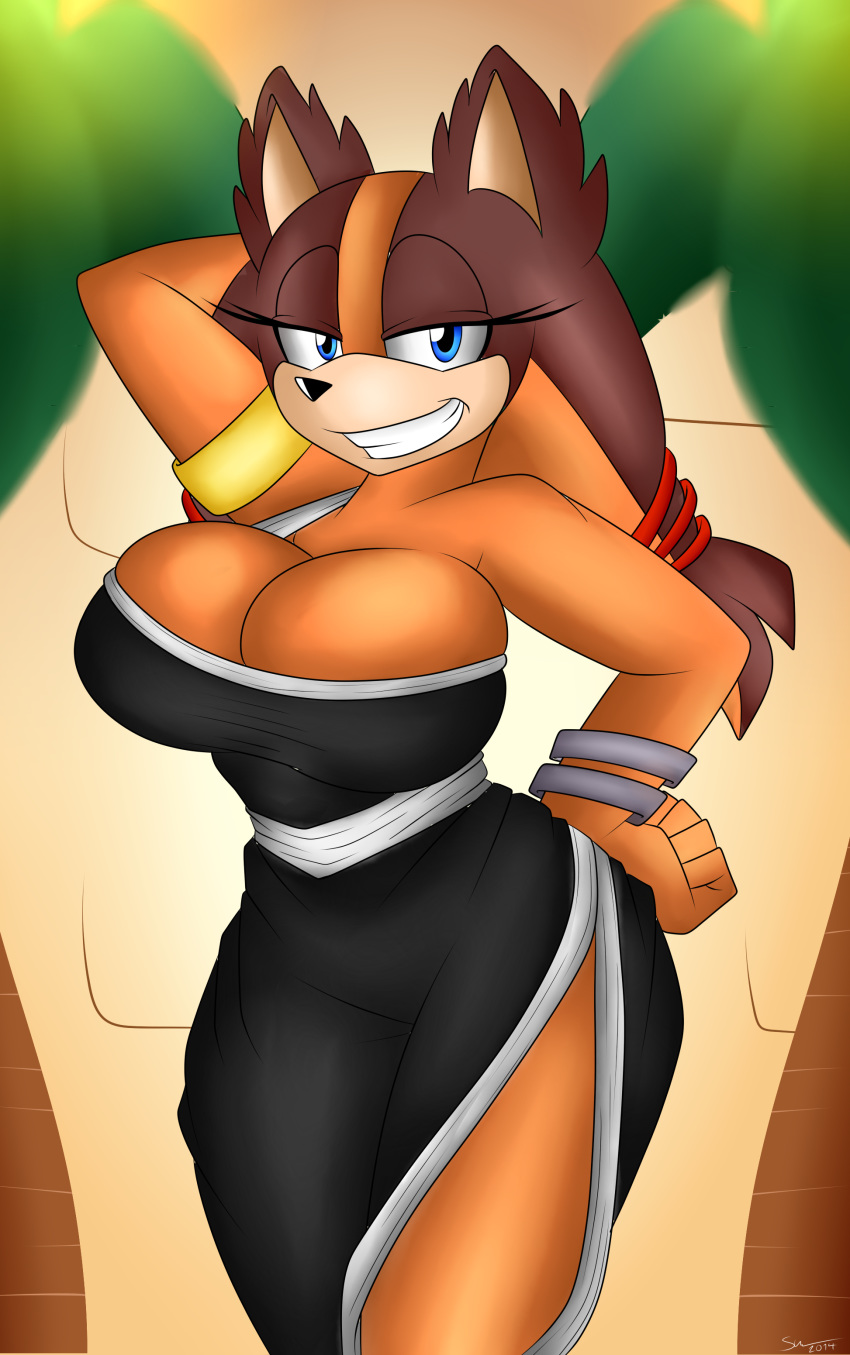 2014 anthro badger big_breasts breasts cleavage clothed clothing female furry huge_breasts looking_at_viewer mammal mustelid sega smile solo sonic_(series) sticks_the_jungle_badger supersonicrulaa