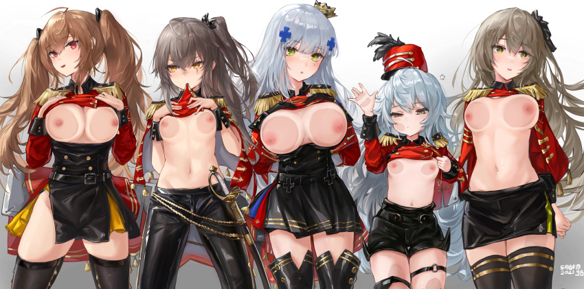 1girl 404_(girls_frontline) 5girls against_glass bangs big_breasts black_legwear black_pants black_shorts black_skirt blunt_bangs blush breast_press breasts breasts_out_of_clothes brown_hair clothing contentious_content cowboy_shot crown eyebrows_visible_through_hair facial_mark g11_(girls_frontline) girls_frontline green_eyes grey_hair hair_between_eyes hair_ornament headwear high_resolution hk416_(girls_frontline) large_filesize legwear long_hair long_sleeves looking_at_viewer multiple_girls navel nipples pants red_eyes sawkm scabbard scar scar_across_eye sheath sheathed shorts silver_hair skirt small_breasts stockings sword tied_hair twin_tails ump40_(girls_frontline) ump45_(girls_frontline) ump9_(girls_frontline) very_high_resolution weapon white_hair yellow_eyes